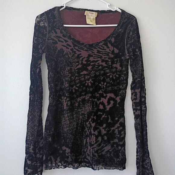 FUZZI Long Sleeve Velvet Sheer Black Burnout Mesh Designer Top Blouse | Size M - Picture 1 of 6